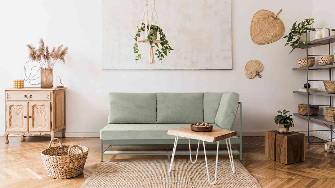 Scandinavian living room with IKEA Ekebol sofa in Performance Weave Stone slipcover