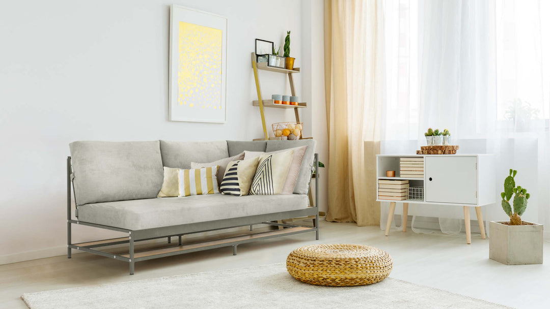 Bohemian living room with IKEA Ekebol sofa in Performance Weave Stone fabric slipcover