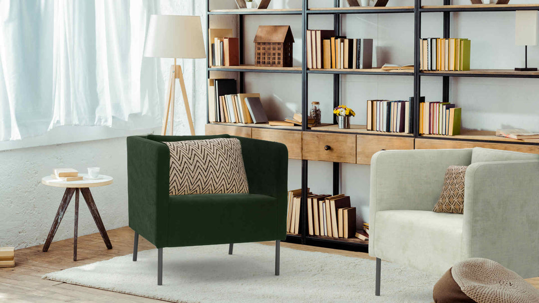 Study room with IKEA Ekero sofa in Classic Velvet Forest Green and Performance Weave Stone slipcover