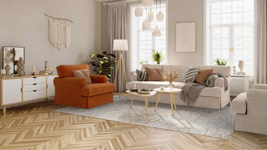 Scandinavian living room with IKEA Ekeskog sofa in Performance Weave Cream and Comfort Chenille Burnt Orange slipcover