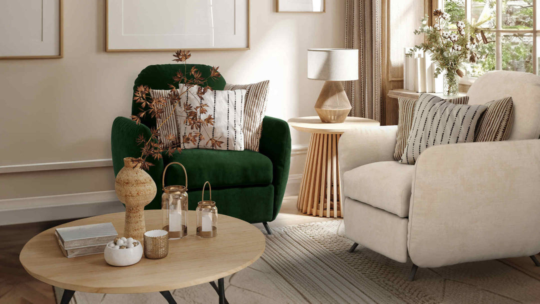 Nordic Minimalist living room with IKEA Ekolsund sofa in Classic Velvet Forest Green and Performance Weave Cream slipcover