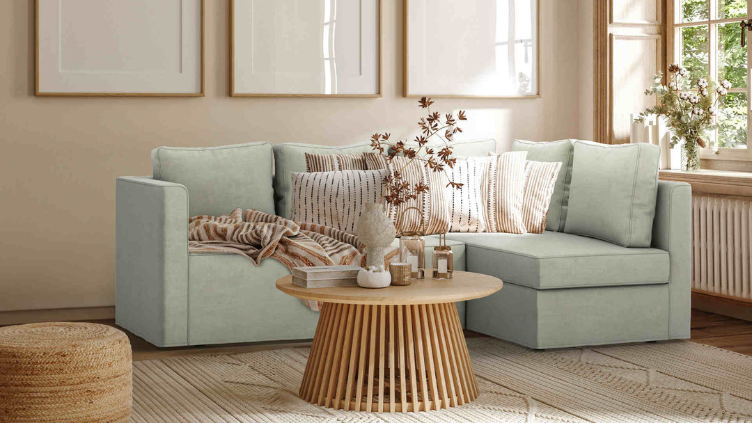 Nordic Minimalist living room with IKEA Fagelbo sofa in Performance Weave Stone slipcover