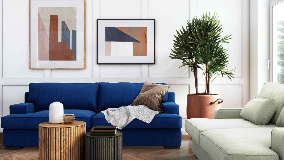 Modern Victorian living room with IKEA Goteborg sofa in Classic Velvet Cobalt and Performance Weave Stone slipcover