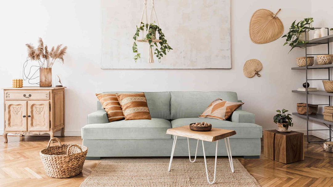 Scandinavian living room with IKEA Goteborg sofa in Performance Weave Stone slipcover