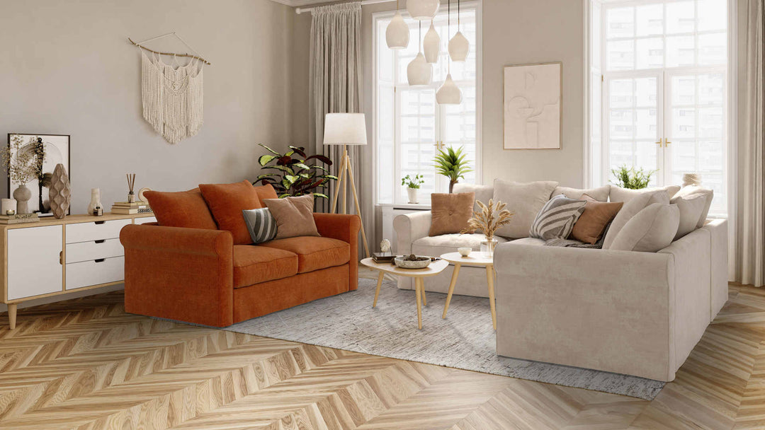 Scandinavian living room with IKEA Gronlid sofa in Performance Weave Cream and Comfort Chenille Burnt Orange slipcover
