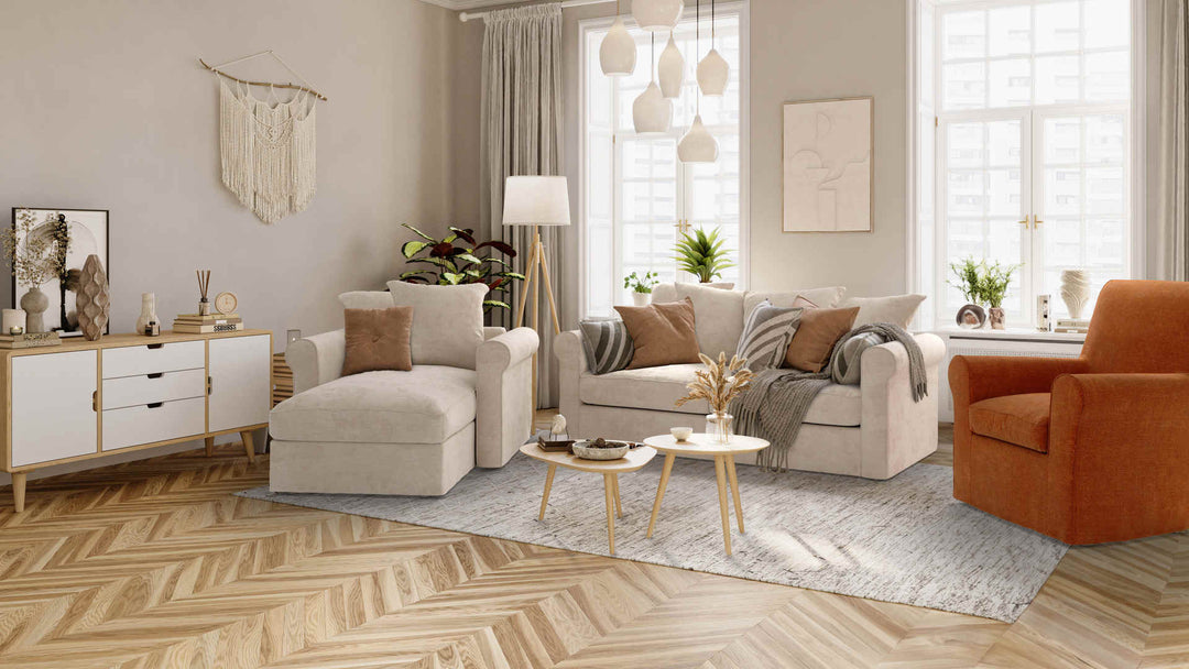 Scandinavian living room with IKEA Gronlid sofa in Performance Weave Cream and Comfort Chenille Burnt Orange slipcover