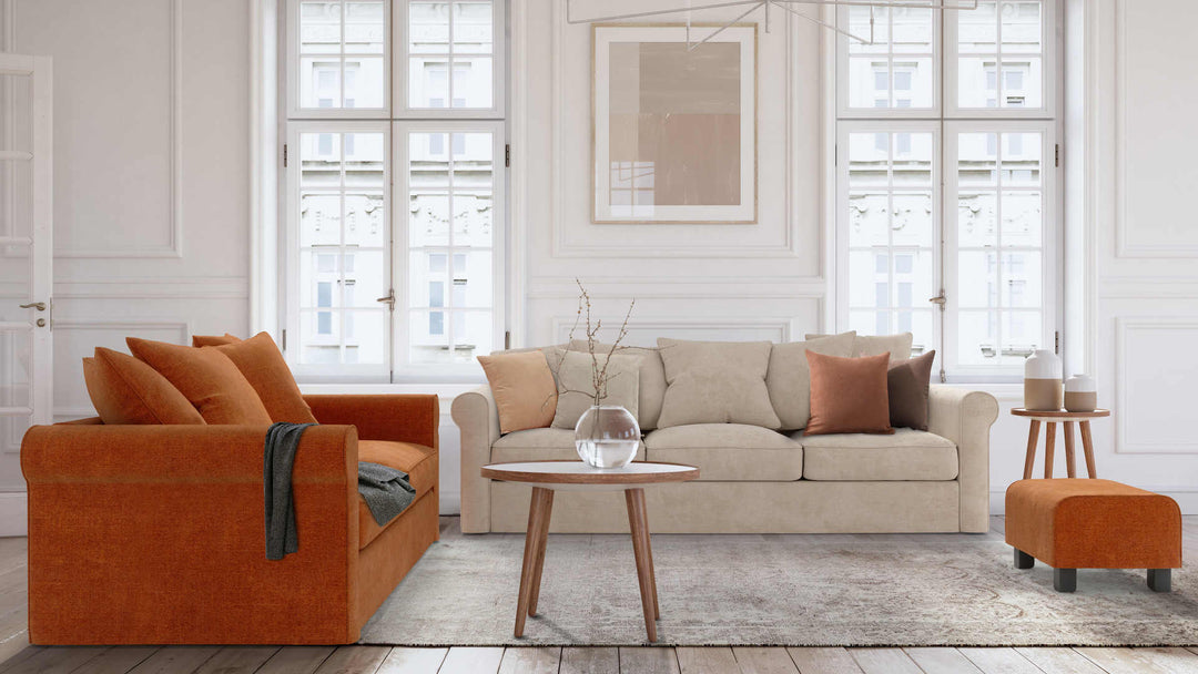 Modern Victorian living room with IKEA Gronlid sofa in Performance Weave Cream and Comfort Chenille Burnt Orange slipcover
