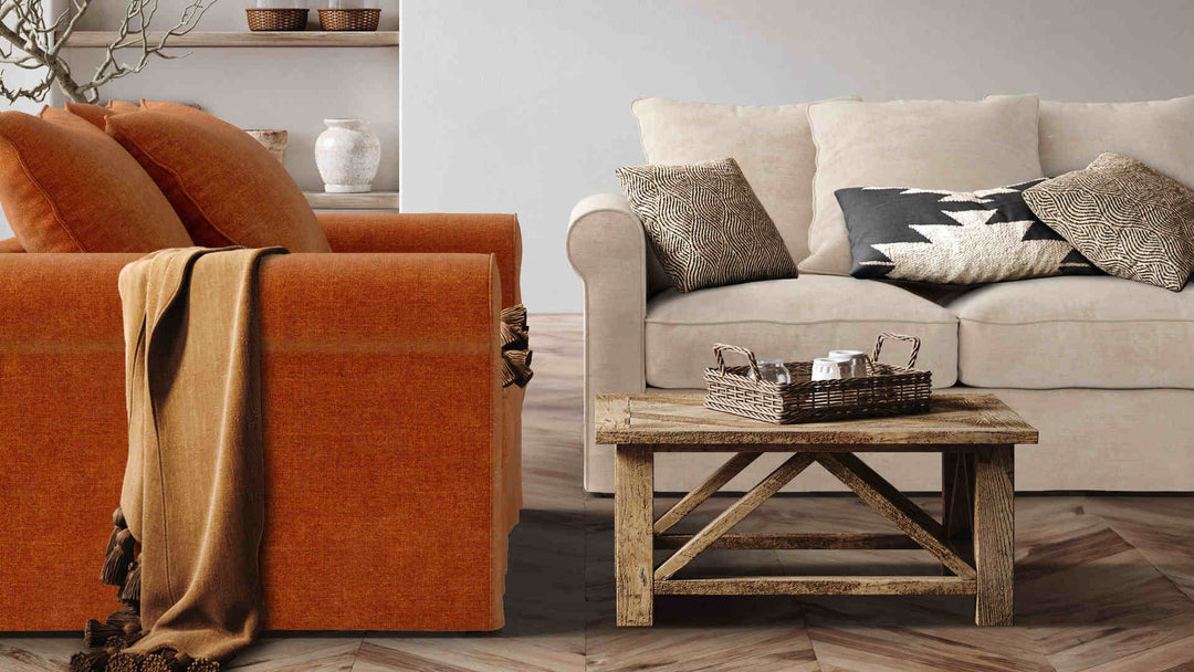 Rustic living room with IKEA Gronlid sofa in Performance Weave Cream and Comfort Chenille Burnt Orange slipcover