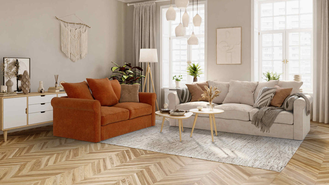 Scandinavian living room with IKEA Gronlid sofa in Performance Weave Cream and Comfort Chenille Burnt Orange slipcover