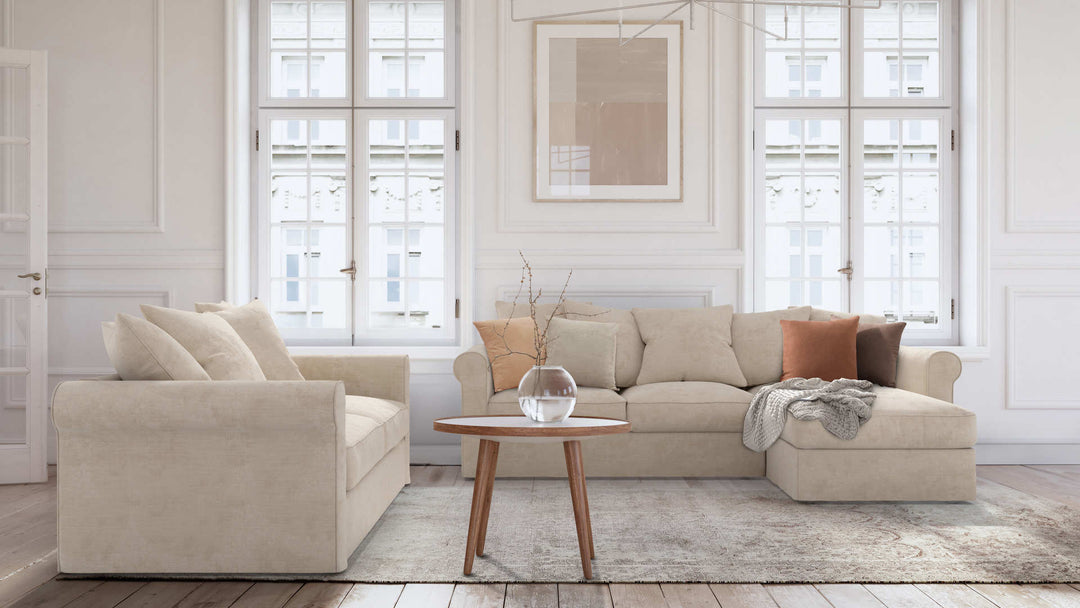 Modern Victorian living room with IKEA Gronlid sofa in Performance Weave Cream and Comfort Chenille Burnt Orange slipcover
