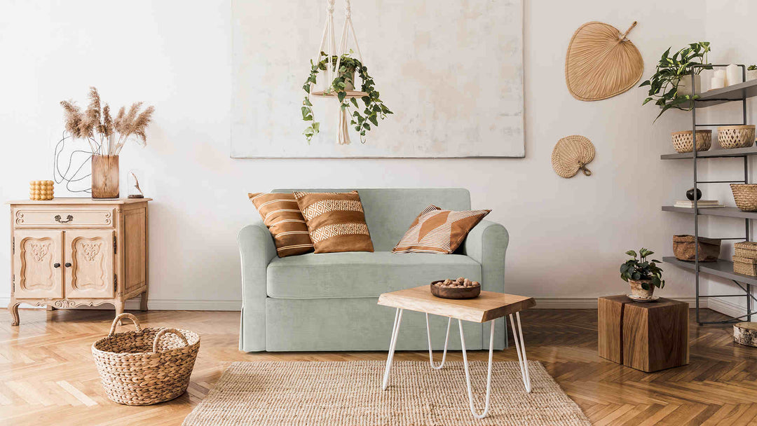 Scandinavian living room with IKEA Hagalund sofa in Performance Weave Stone slipcover