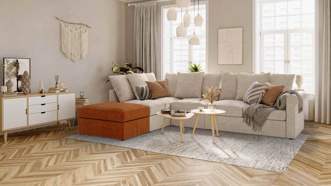 Scandinavian living room with IKEA Harlanda sofa in Performance Weave Cream and Comfort Chenille Burnt Orange slipcover