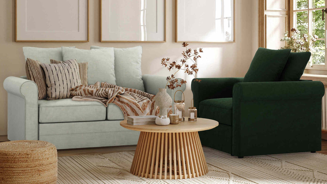 Nordic Minimalist living room with IKEA Harlanda sofa in Performance Weave Stone and Classic Velvet Forest Green slipcover