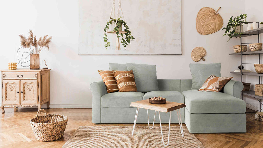 Scandinavian living room with IKEA Harlanda sofa in Performance Weave Stone slipcover