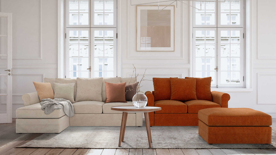 Modern Victorian living room with IKEA Harlanda sofa in Performance Weave Cream and Comfort Chenille Burnt Orange slipcover