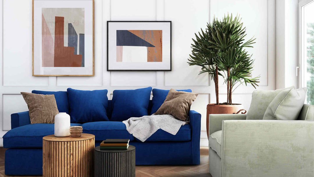 Modern Victorian living room with IKEA Harnosand sofa in Classic Velvet Cobalt and Performance Weave Stone slipcover