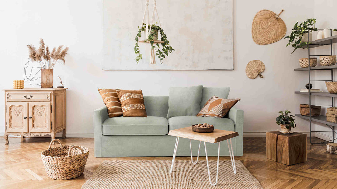 Scandinavian living room with IKEA Harnosand sofa in Performance Weave Stone slipcover