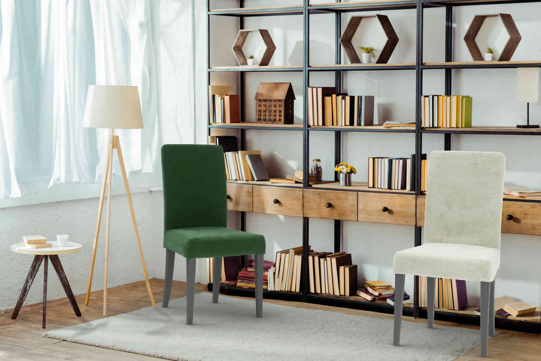 Study room with IKEA Harry sofa in Classic Velvet Forest Green and Performance Weave Stone slipcover