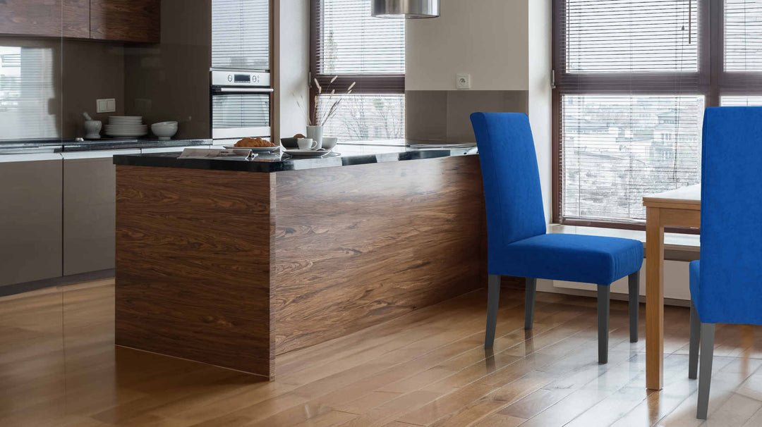 Kitchen  with IKEA Henriksdal sofa in Classic Velvet Cobalt fabric slipcover