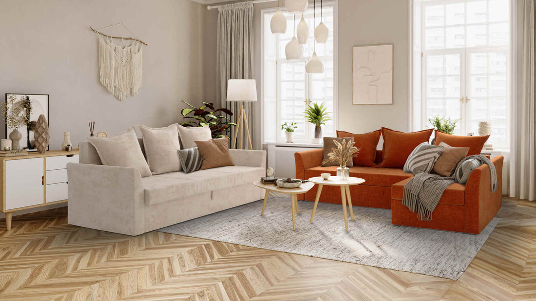 Scandinavian living room with IKEA Holmsund sofa in Performance Weave Cream and Comfort Chenille Burnt Orange slipcover