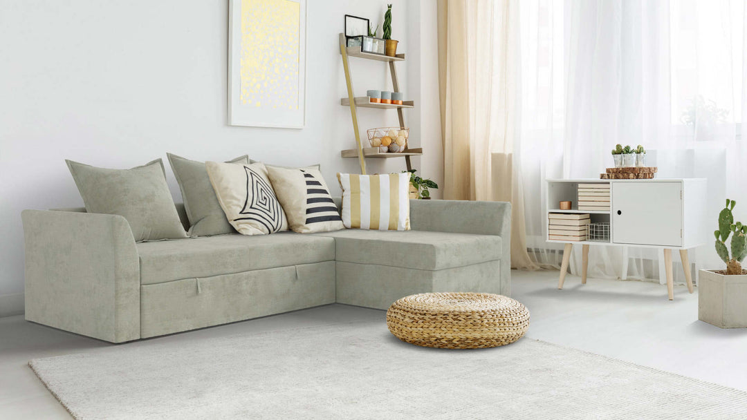 Bohemian living room with IKEA Holmsund sofa in Performance Weave Stone fabric slipcover