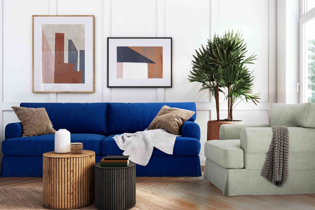 Modern Victorian living room with IKEA Hovas sofa in Classic Velvet Cobalt and Performance Weave Stone slipcover