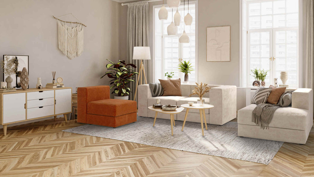 Scandinavian living room with IKEA Jattebo sofa in Performance Weave Cream and Comfort Chenille Burnt Orange slipcover