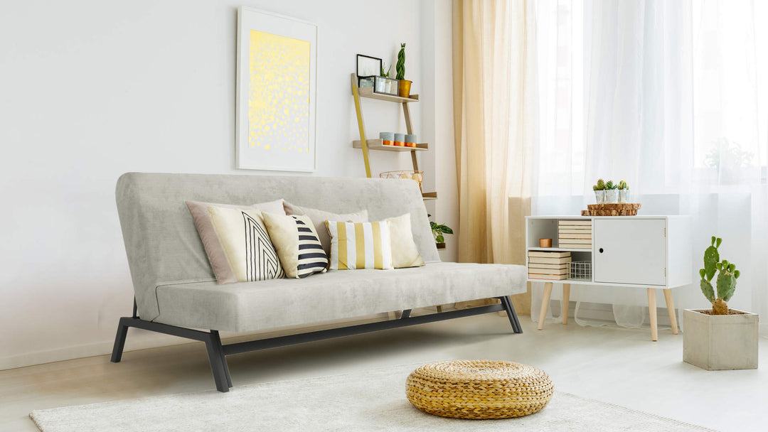 Bohemian living room with IKEA Karlaby sofa in Performance Weave Stone fabric slipcover