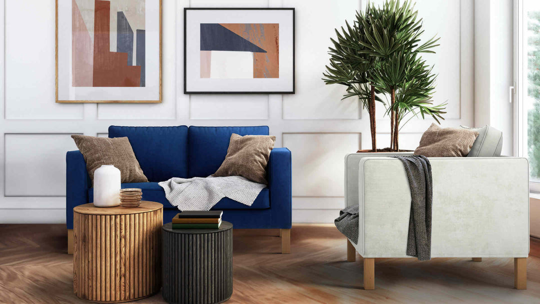 Modern Victorian living room with IKEA Karlanda sofa in Classic Velvet Cobalt and Performance Weave Stone slipcover