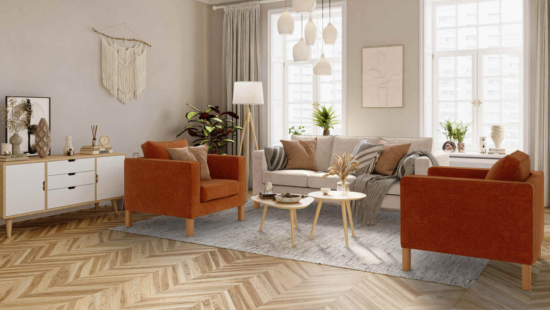 Scandinavian living room with IKEA Karlanda sofa in Performance Weave Cream and Comfort Chenille Burnt Orange slipcover