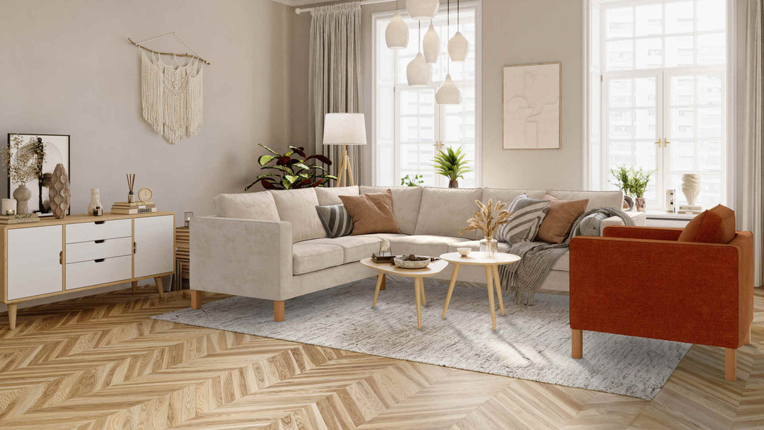 Scandinavian living room with IKEA Karlanda sofa in Performance Weave Cream and Comfort Chenille Burnt Orange slipcover