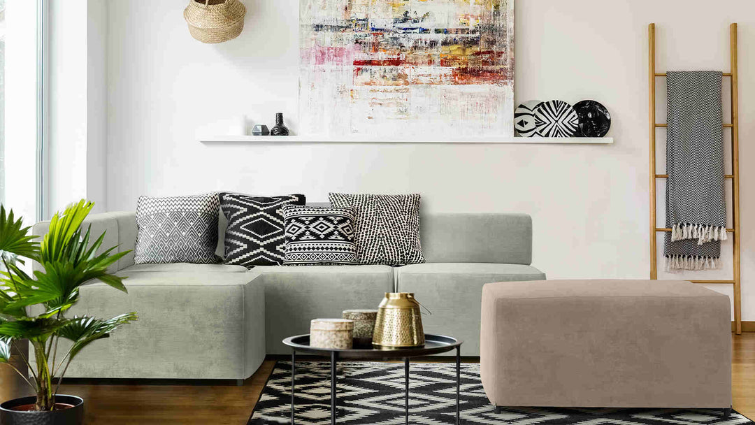 Scandinavian living room with IKEA Kungshamn sofa in Performance Weave Stone and Performance Weave Cream slipcover