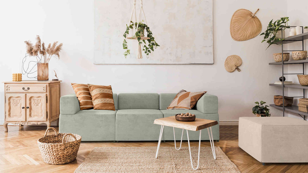 Scandinavian living room with IKEA Kungshamn sofa in Performance Weave Stone and Performance Weave Cream slipcover