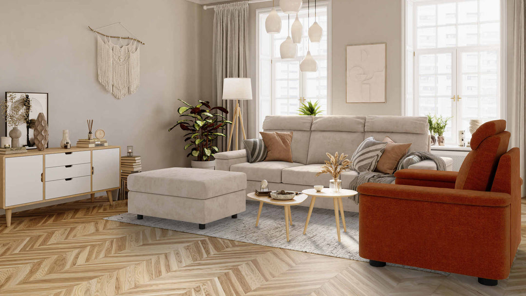 Scandinavian living room with IKEA Lidhult sofa in Performance Weave Cream and Comfort Chenille Burnt Orange slipcover