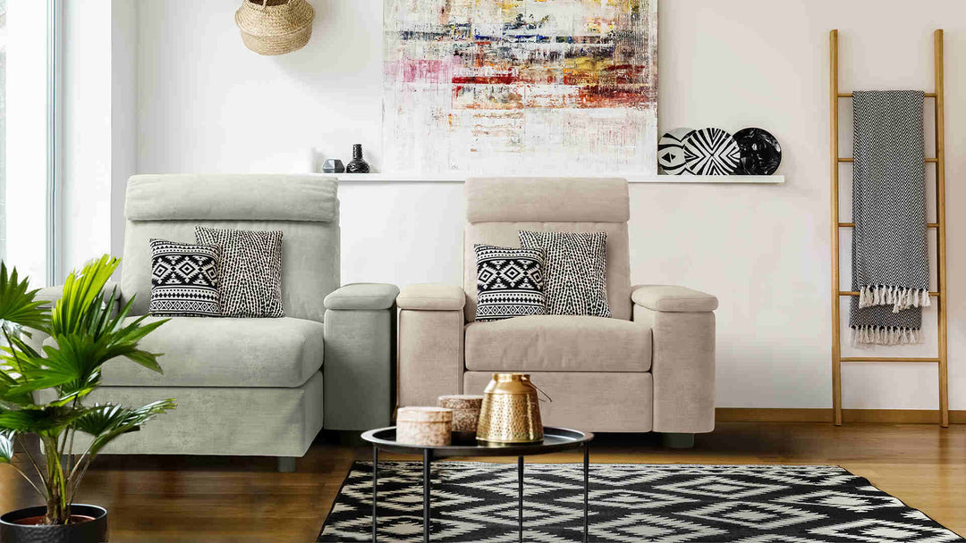 Scandinavian living room with IKEA Lidhult sofa in Performance Weave Stone and Performance Weave Cream slipcover