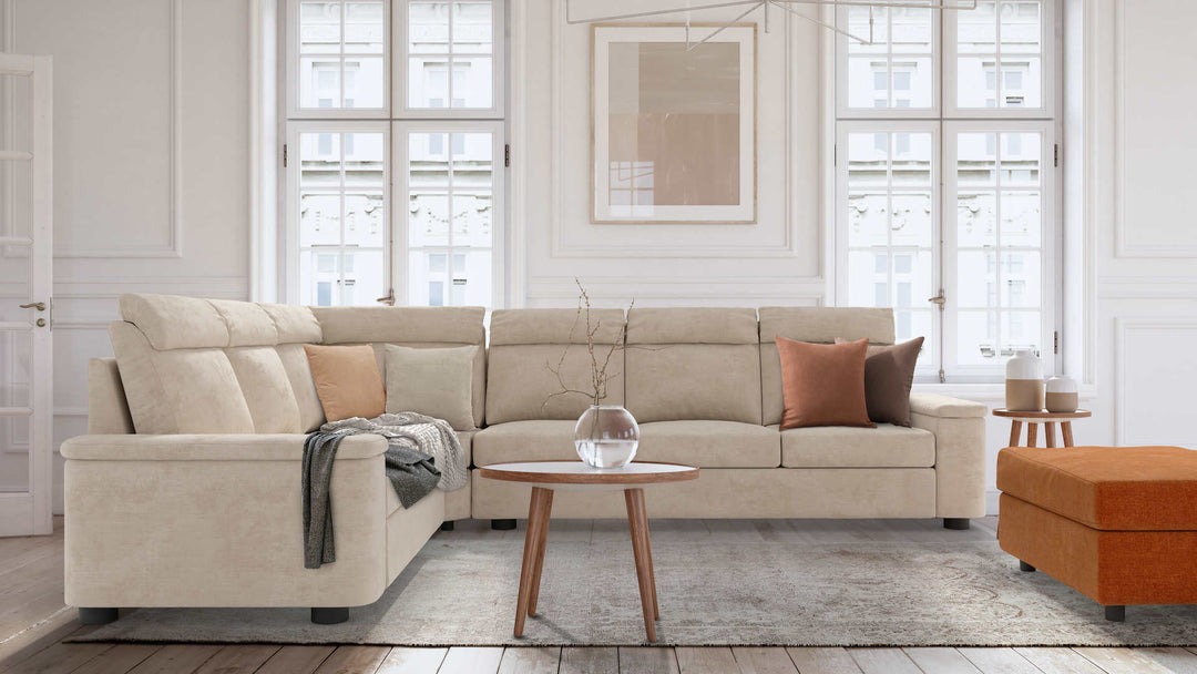 Modern Victorian living room with IKEA Lidhult sofa in Performance Weave Cream and Comfort Chenille Burnt Orange slipcover
