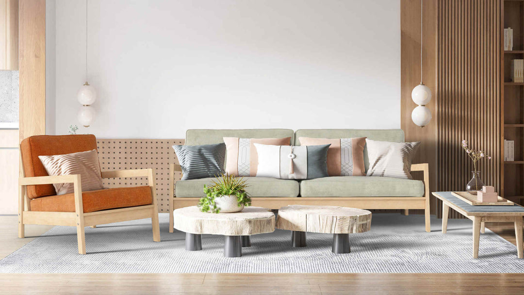 Modern living room with IKEA Lillberg sofa in Performance Weave Stone and Comfort Chenille Burnt Orange slipcover