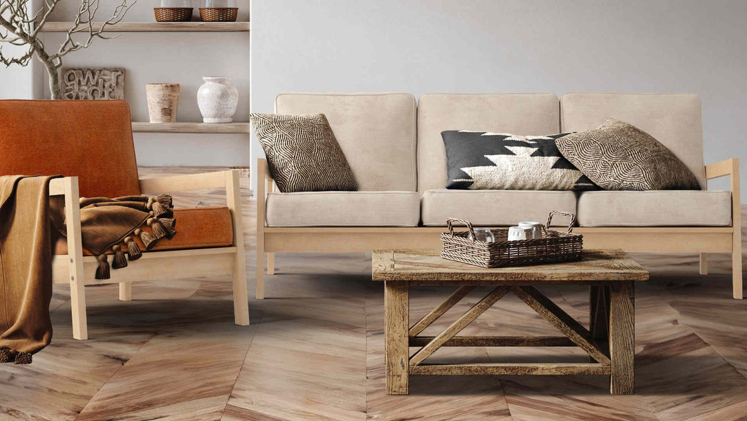 Rustic living room with IKEA Lillberg sofa in Performance Weave Cream and Comfort Chenille Burnt Orange slipcover