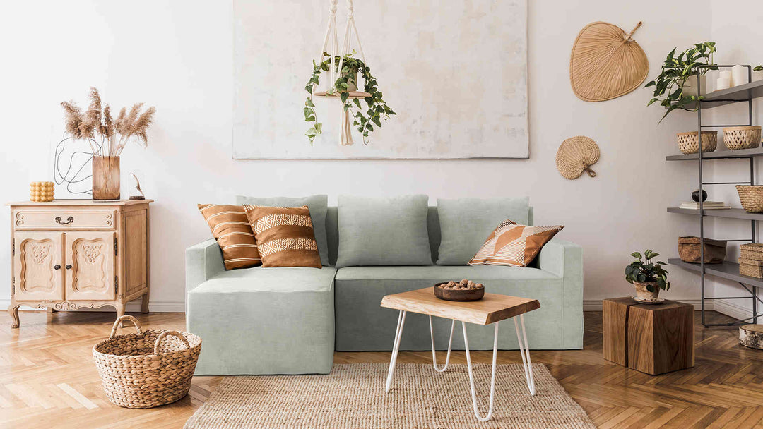 Scandinavian living room with IKEA Lugnvik sofa in Performance Weave Stone slipcover