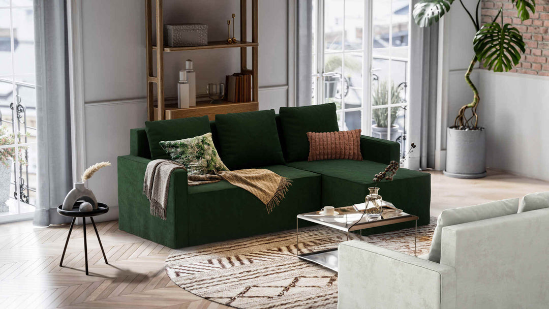 Nordic Minimalist living room with IKEA Lugnvik sofa in Performance Weave Stone and Classic Velvet Forest Green slipcover
