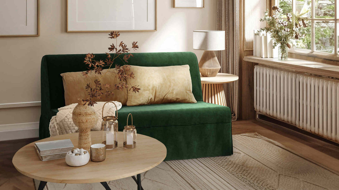 Nordic Minimalist living room with IKEA Lycksele sofa in Classic Velvet Forest Green slipcover