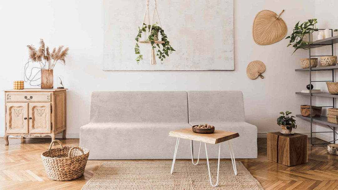 Scandinavian living room with IKEA Lycksele sofa in Performance Weave Cream fabric slipcover