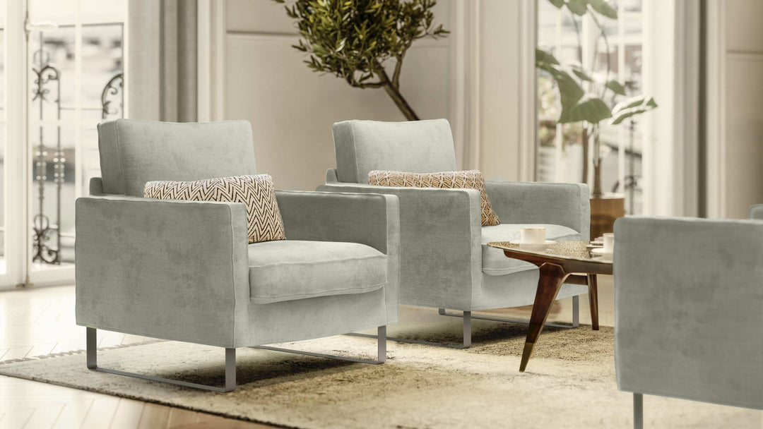 Scandinavian living room with IKEA Mellby sofa in Performance Weave Stone slipcover