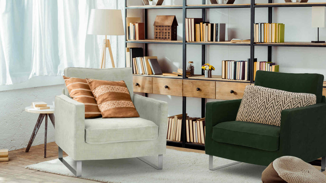 Study room with IKEA Mellby sofa in Classic Velvet Forest Green and Performance Weave Stone slipcover