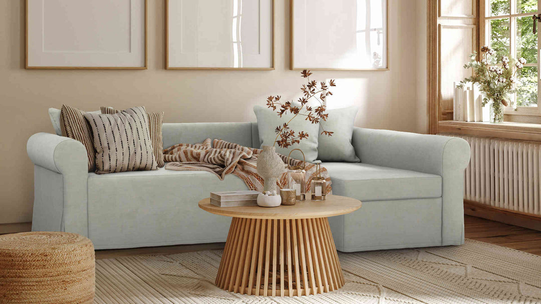 Nordic Minimalist living room with IKEA Moheda sofa in Performance Weave Stone slipcover