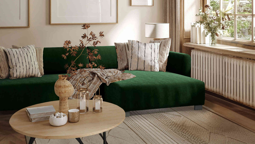 Nordic Minimalist living room with IKEA Mysinge sofa in Classic Velvet Forest Green slipcover