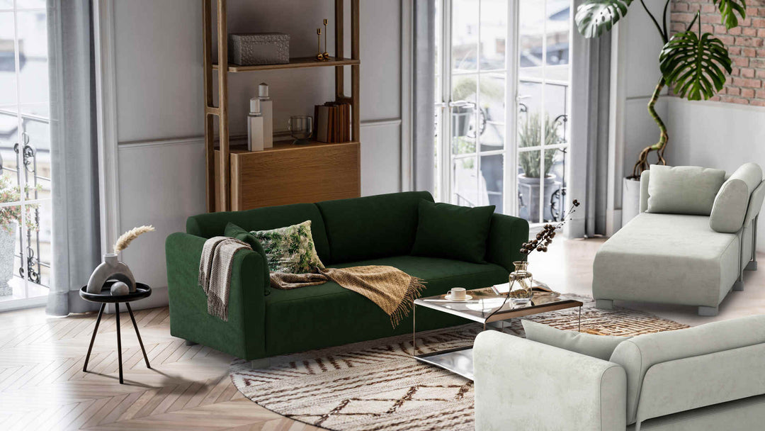 Nordic Minimalist living room with IKEA Mysinge sofa in Performance Weave Stone and Classic Velvet Forest Green slipcover