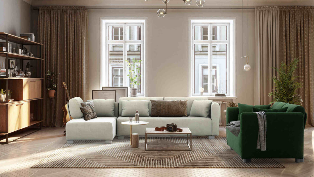 Scandinavian living room with IKEA Mysinge sofa in Classic Velvet Forest Green and Performance Weave Stone slipcover