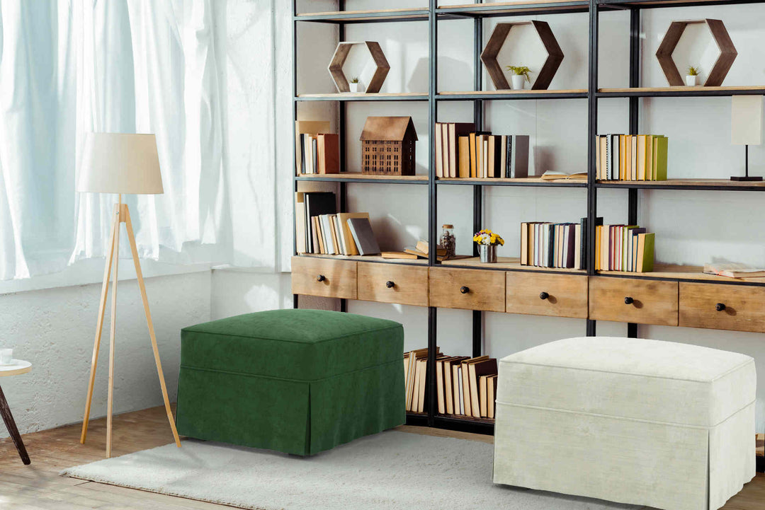 Study room with Pottery Barn Buchanan sofa in Classic Velvet Forest Green and Performance Weave Stone slipcover
