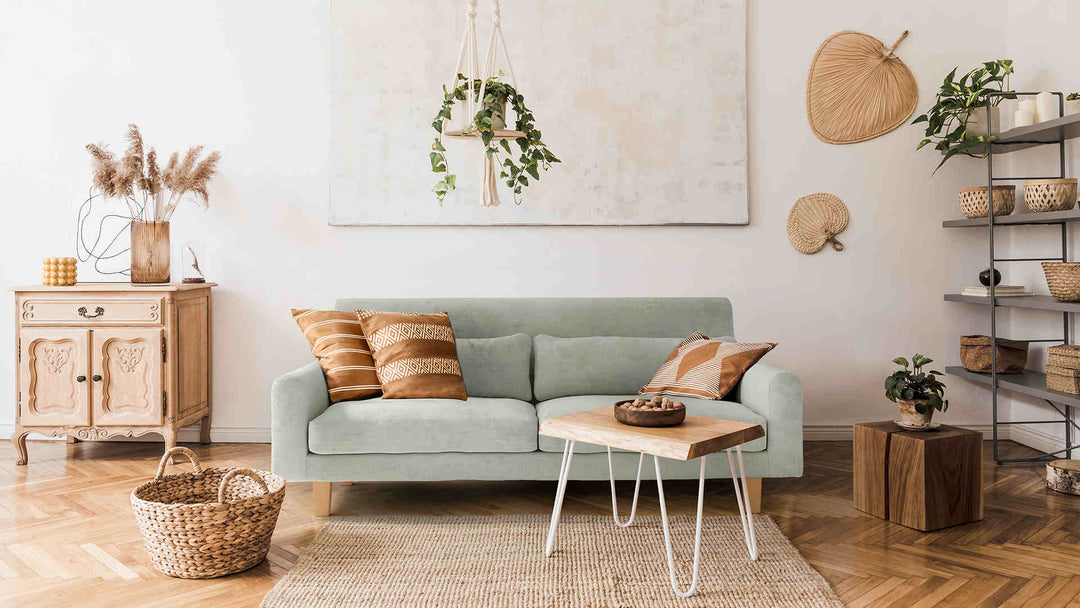 Scandinavian living room with IKEA Nikkala sofa in Performance Weave Stone slipcover